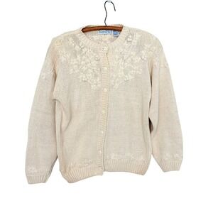 Vtg‎ Northern Isles Large Embroidered Chunky Knit Cardigan Sweater Cable Knit